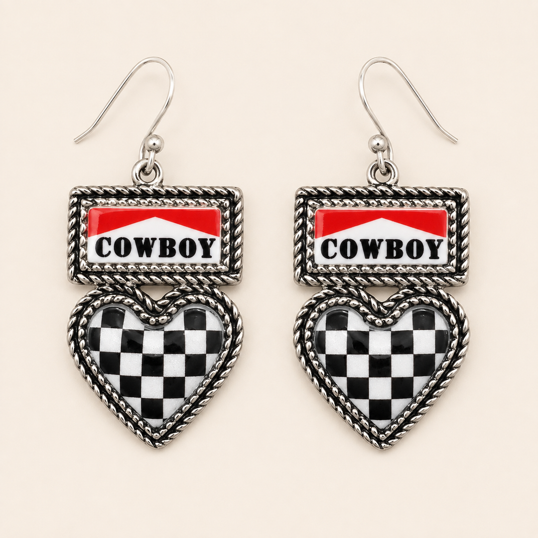 Cowboy red and white COWBOY plaque earrings with black and white checkered heart drops, product view
