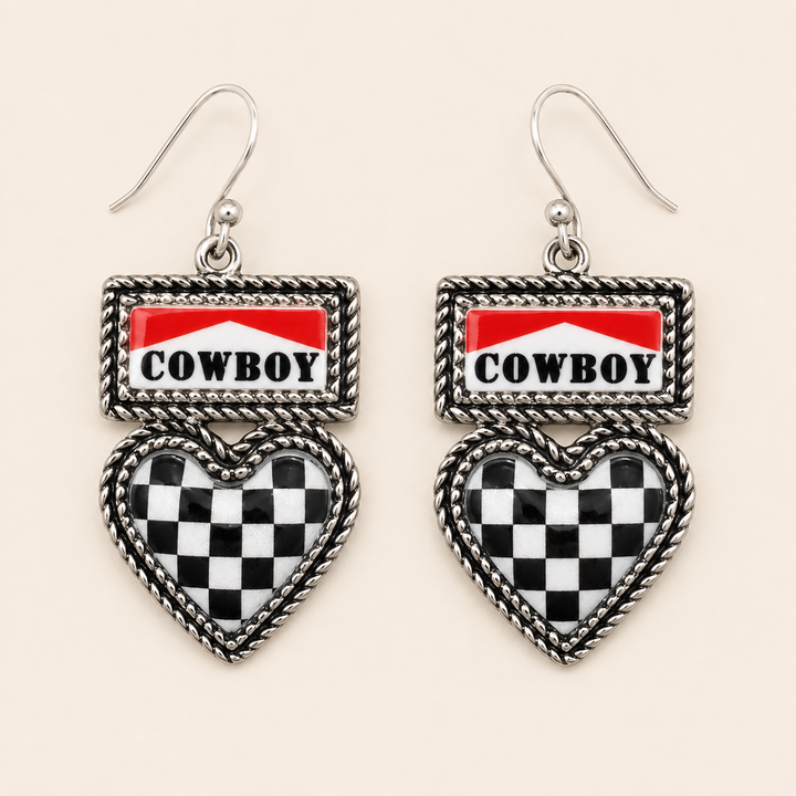 Cowboy red and white COWBOY plaque earrings with black and white checkered heart drops, product view