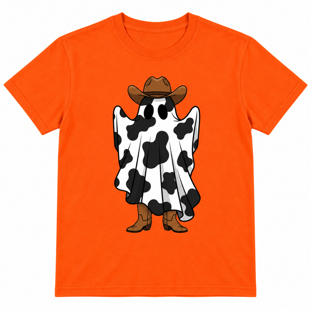 Cowboy Ghost orange Western Halloween graphic tee flat lay on pure white
