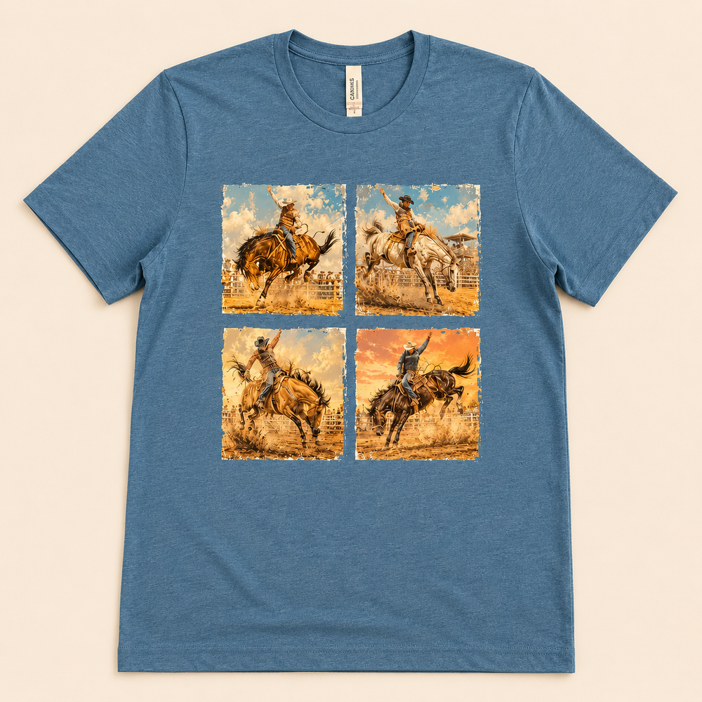 Heather blue Cowboy Horse Rider four-panel Western graphic tee, flat product view