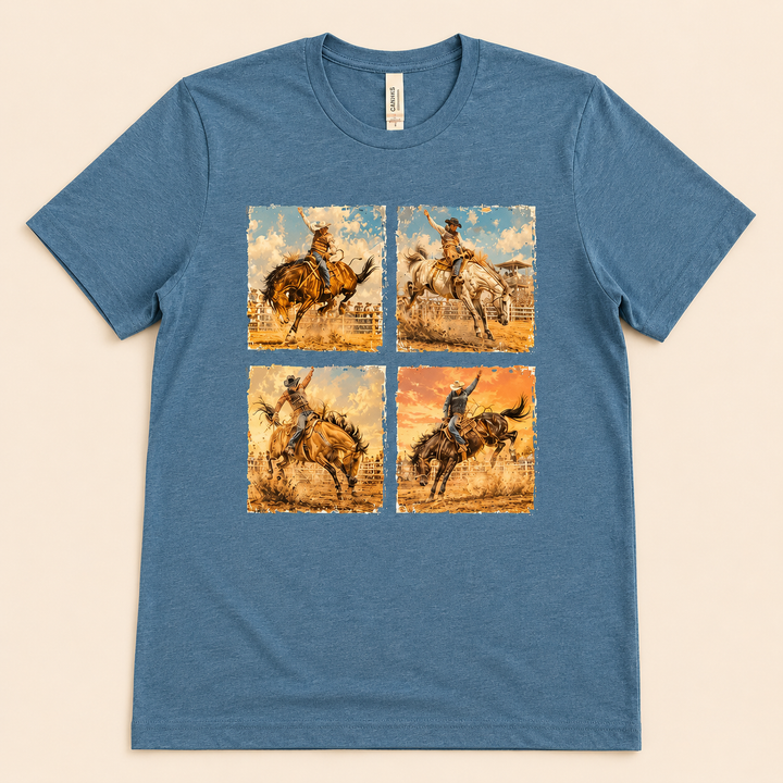 Heather blue Cowboy Horse Rider four-panel Western graphic tee, flat product view