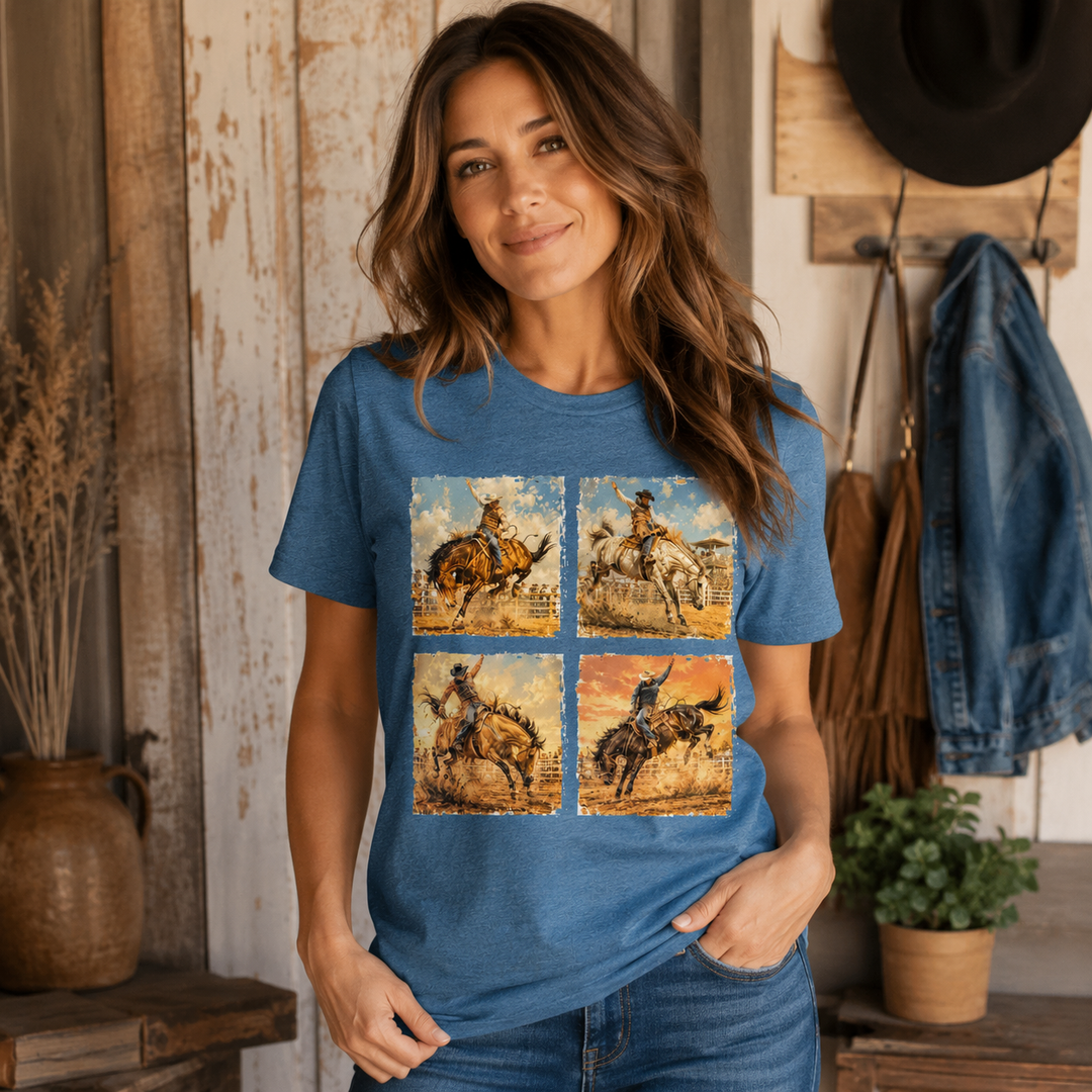 Woman wearing a heather blue Cowboy Horse Rider four-panel Western graphic tee