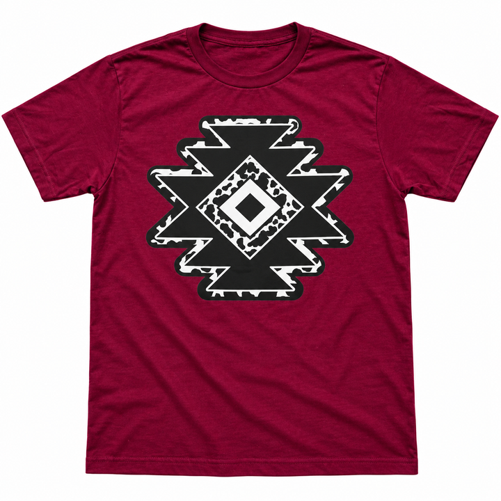 Cowprint Aztec Diamond burgundy graphic tee lay-flat on white