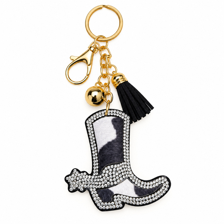 Cow print boot rhinestone Western keychain flat product view