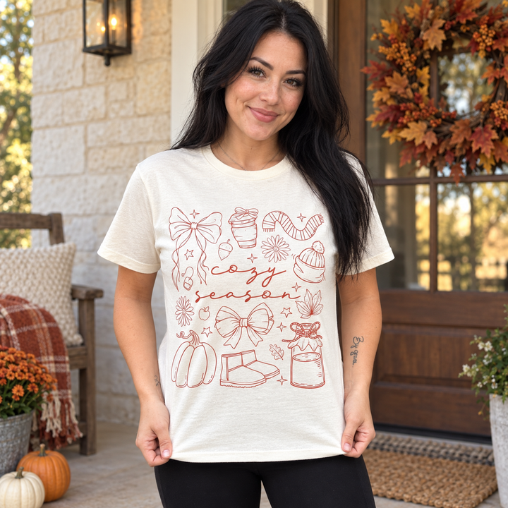Woman modeling Cozy Season Essentials Natural Fall Graphic Tee, complete front view