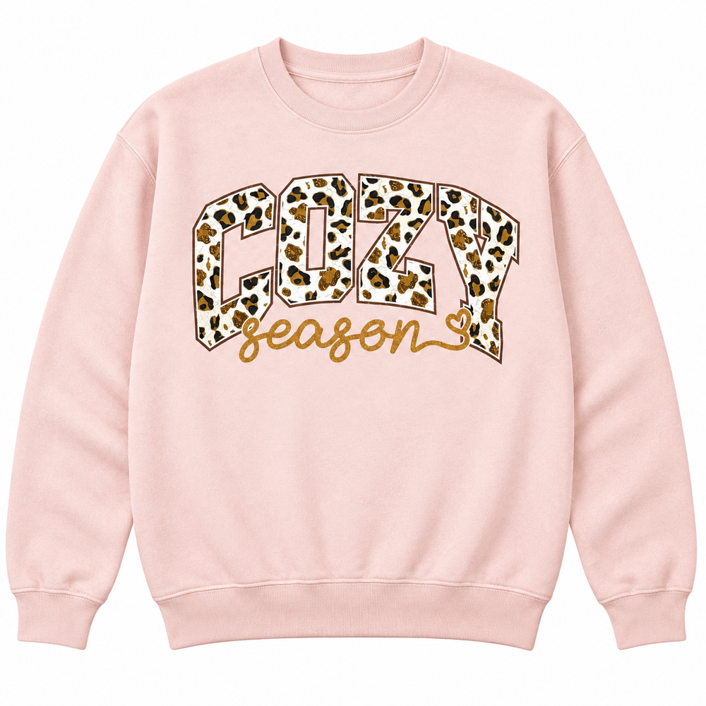 Cozy Season Leopard Peach Crewneck complete lay-flat on pure white background