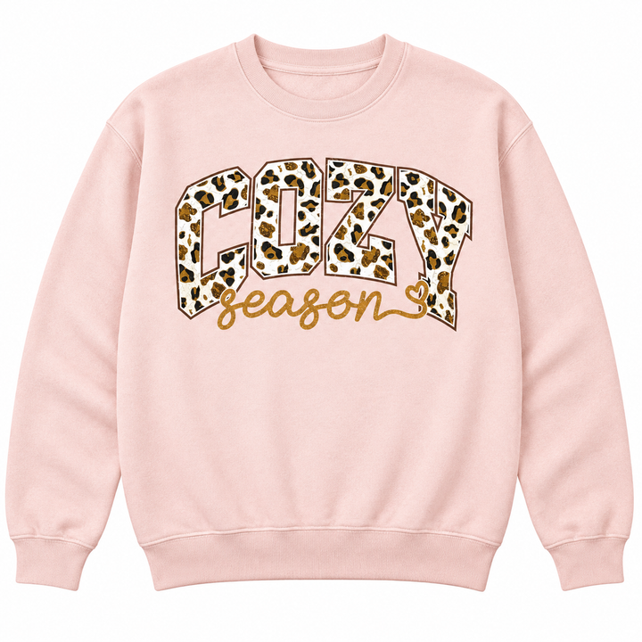 Cozy Season Leopard Peach Crewneck complete lay-flat on pure white background