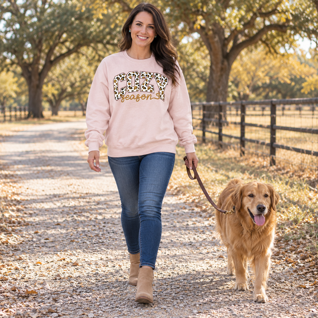 Cozy Season Leopard Peach Crewneck full-body ranch dog-walking lifestyle
