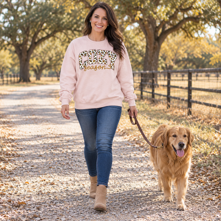 Cozy Season Leopard Peach Crewneck full-body ranch dog-walking lifestyle