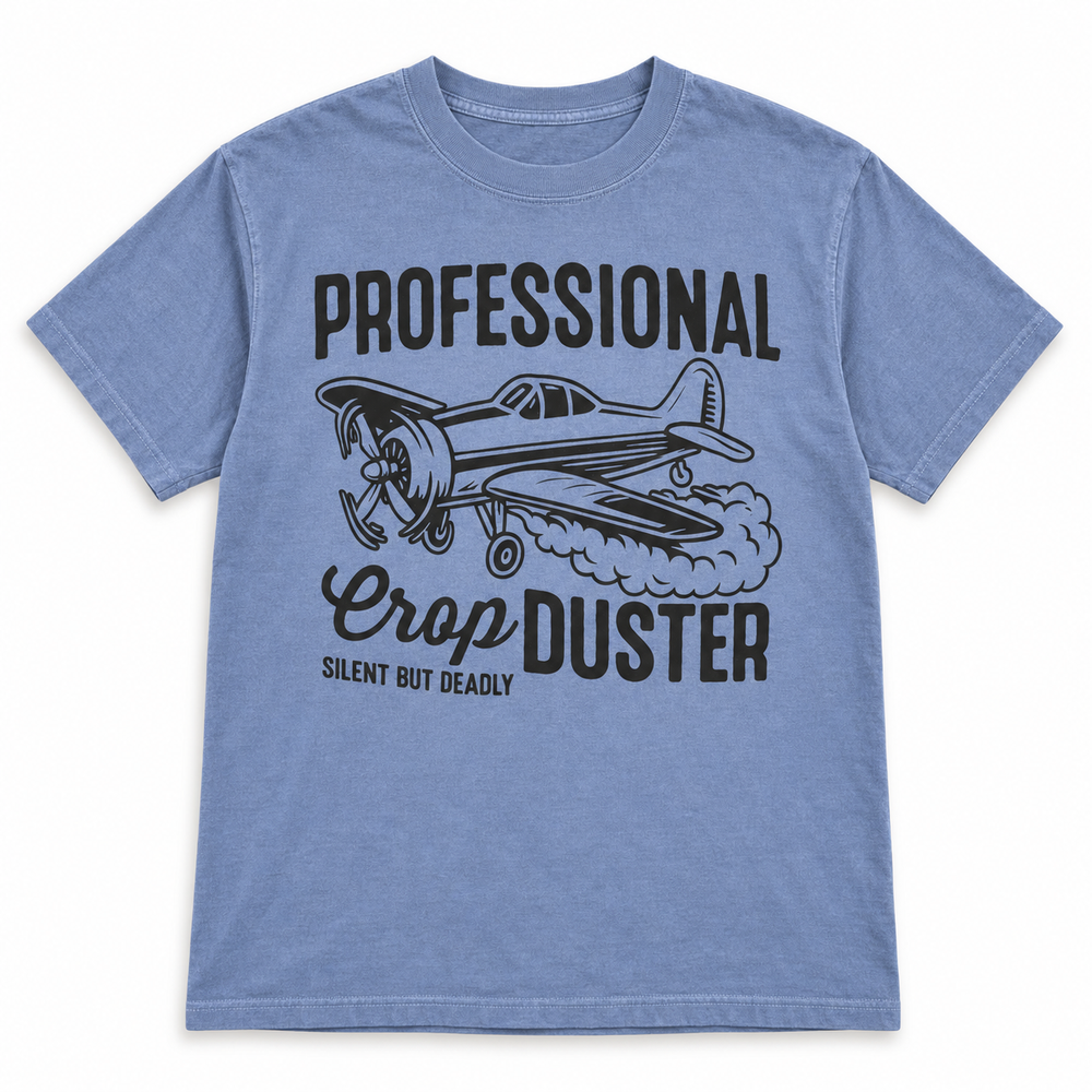 Professional Crop Duster Ice Blue funny graphic T-shirt flat product view