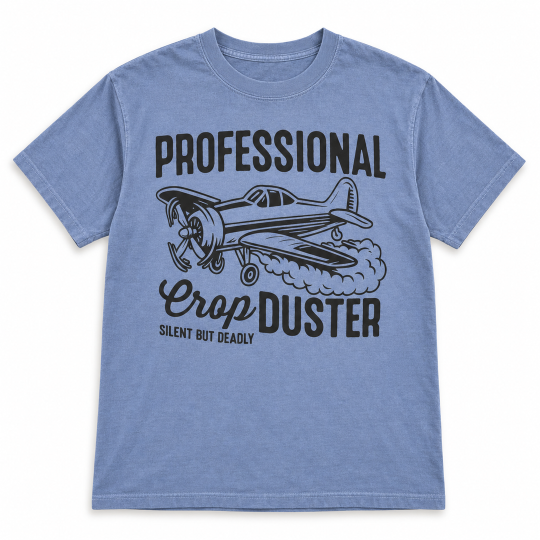 Professional Crop Duster Ice Blue funny graphic T-shirt flat product view