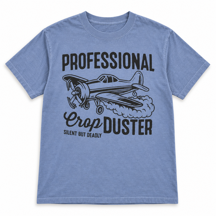 Professional Crop Duster Ice Blue funny graphic T-shirt flat product view