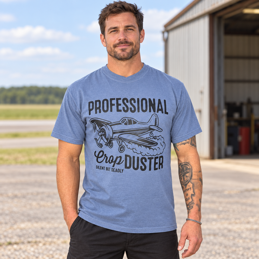 Man wearing Professional Crop Duster Ice Blue funny graphic T-shirt in a complete-head two-thirds lifestyle view