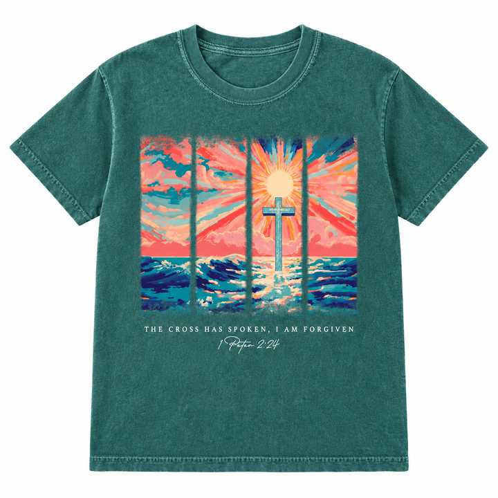 Cross Has Spoken Sunset Scripture Emerald graphic T-shirt flat product view