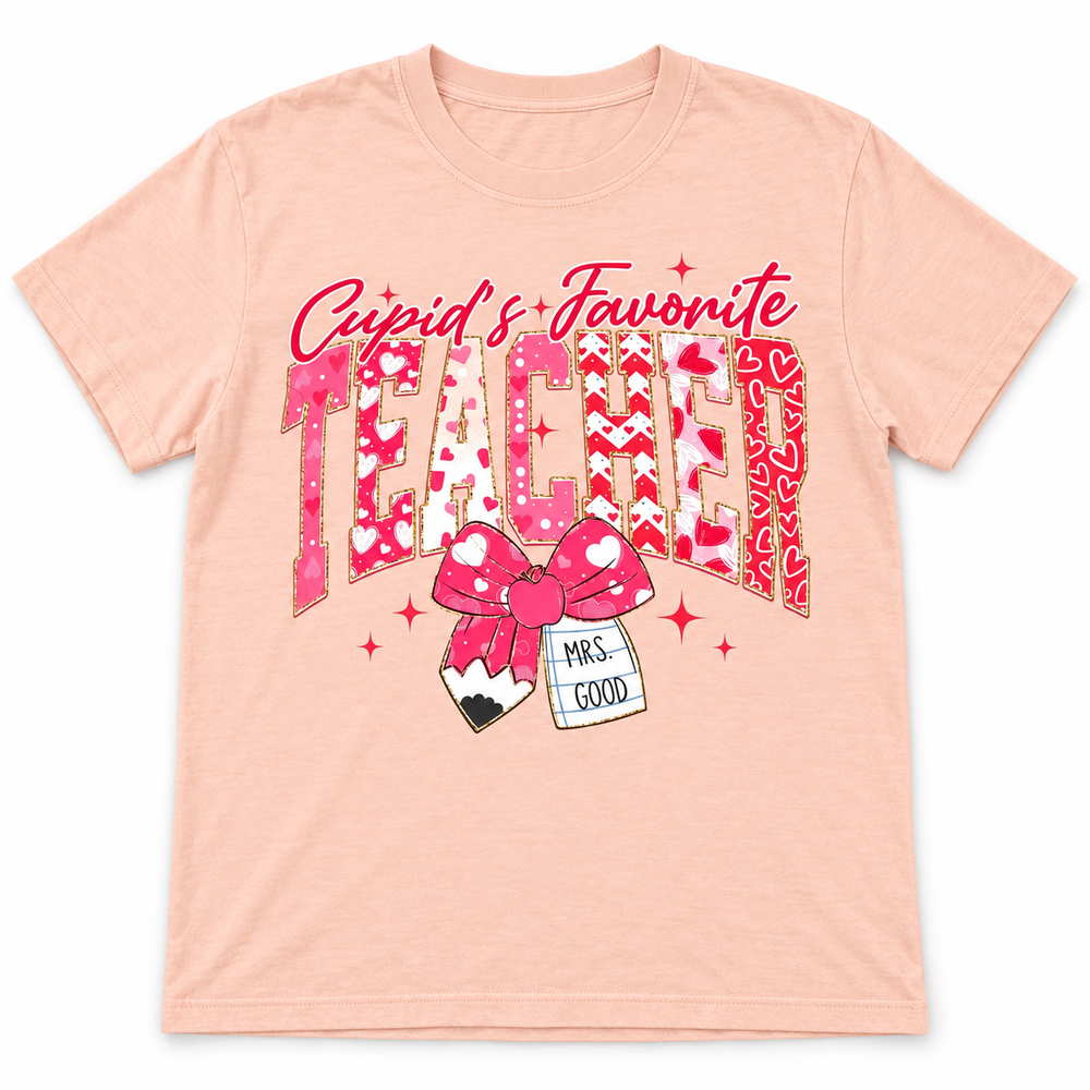 Custom Cupid’s Favorite Teacher Peach Valentine graphic T-shirt flat product view