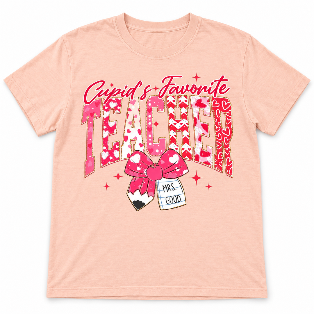 Custom Cupid’s Favorite Teacher Peach Valentine graphic T-shirt flat product view