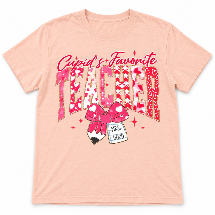 Custom Cupid’s Favorite Teacher Peach Valentine graphic T-shirt flat product view