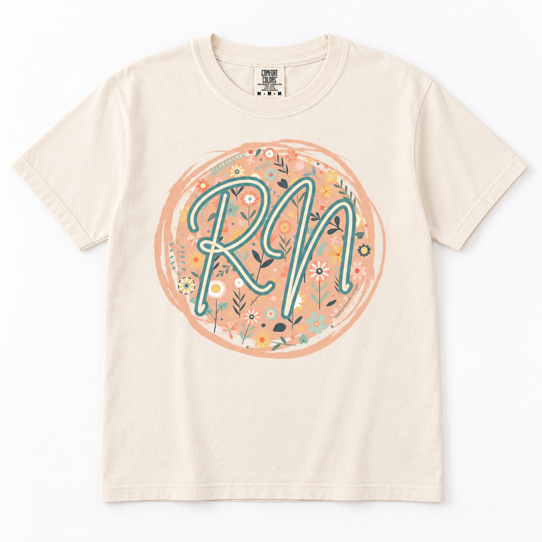 Custom Floral Occupation Ivory RN graphic T-shirt flat product view