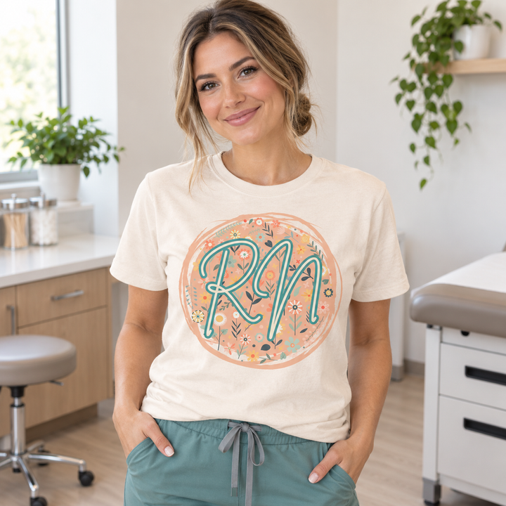 Woman wearing Custom Floral Occupation Ivory RN graphic T-shirt