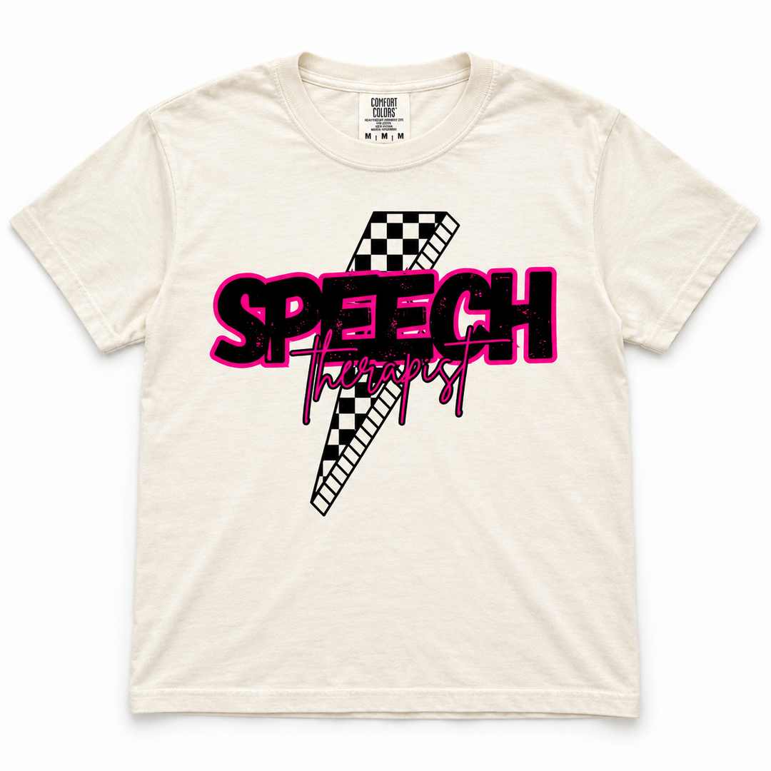 Custom Occupation Checkered Bolt Ivory Speech Therapist graphic T-shirt flat product view