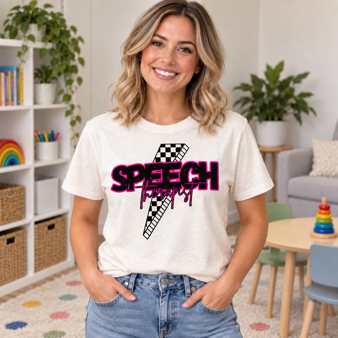 Woman wearing Custom Occupation Checkered Bolt Ivory Speech Therapist graphic T-shirt