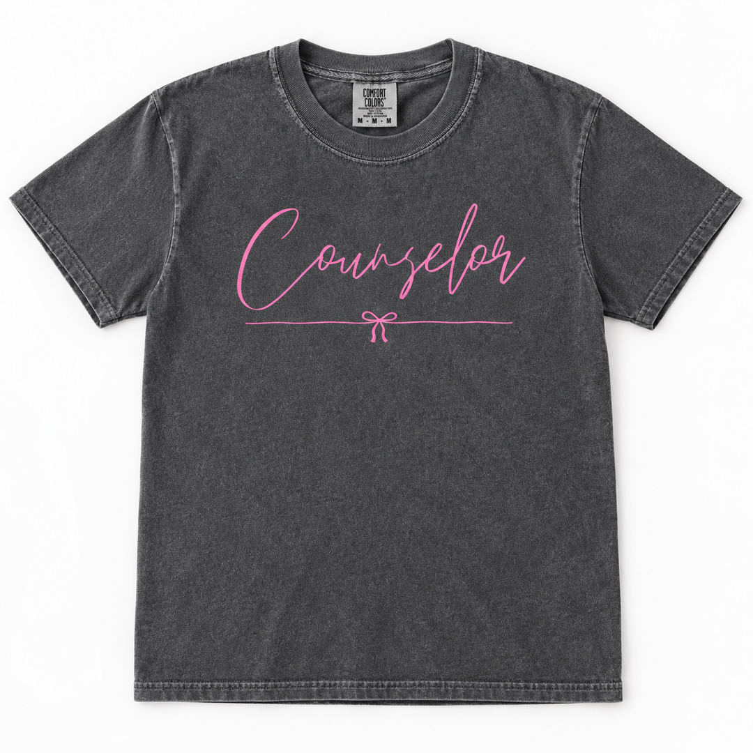 Custom Occupation Dainty Bow Pepper Counselor graphic T-shirt flat product view
