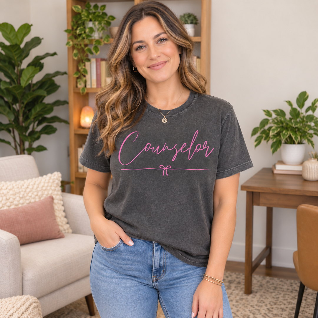 Woman wearing Custom Occupation Dainty Bow Pepper Counselor graphic T-shirt