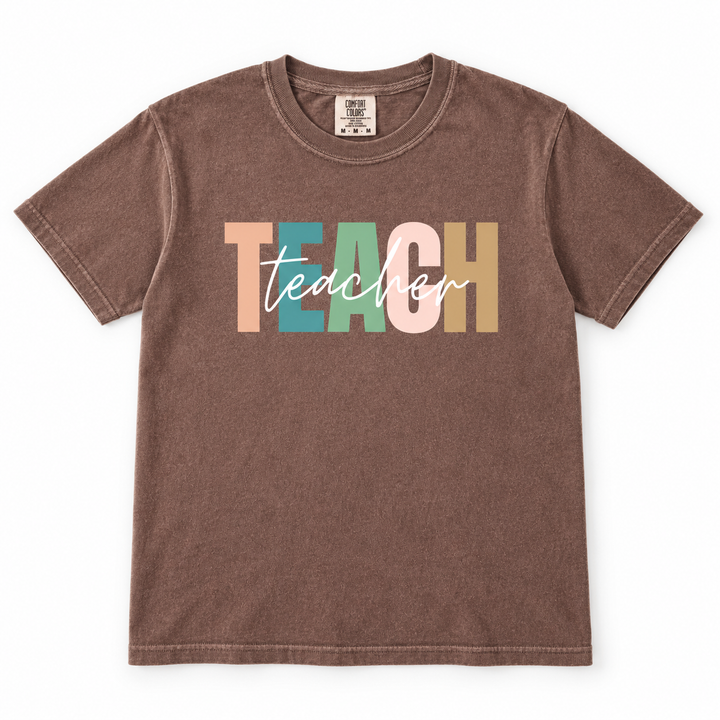Custom Pastel Occupation Espresso TEACH Teacher graphic T-shirt flat product view