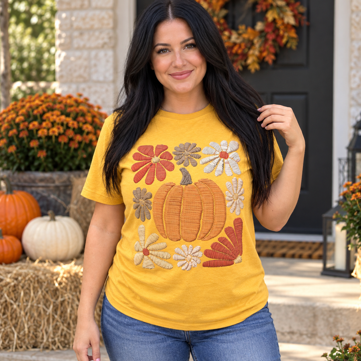 Woman modeling Daisy Pumpkin Mustard Fall Graphic Tee, complete front view