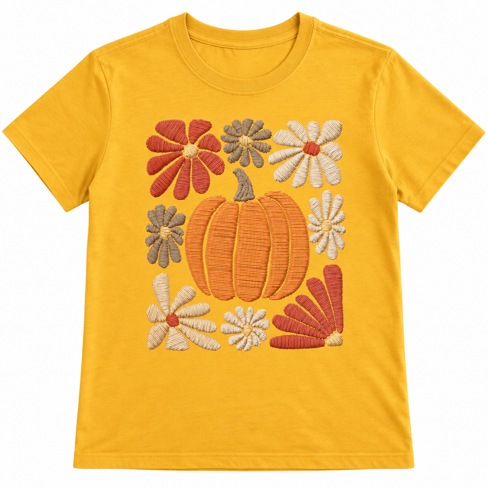 Daisy Pumpkin Mustard Fall Graphic Tee laid flat on pure white
