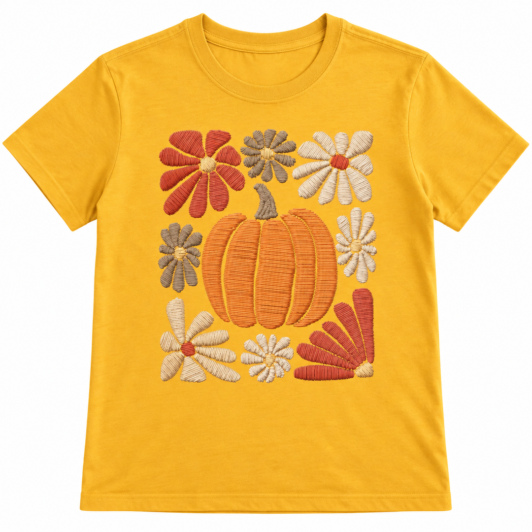 Daisy Pumpkin Mustard Fall Graphic Tee laid flat on pure white