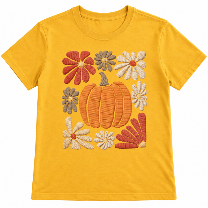 Daisy Pumpkin Mustard Fall Graphic Tee laid flat on pure white