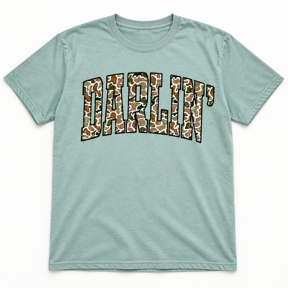 Darlin' Camo sage Southern graphic tee flat product view