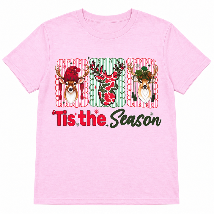 Light pink Deer Tis the Season Christmas graphic tee on a pure white background