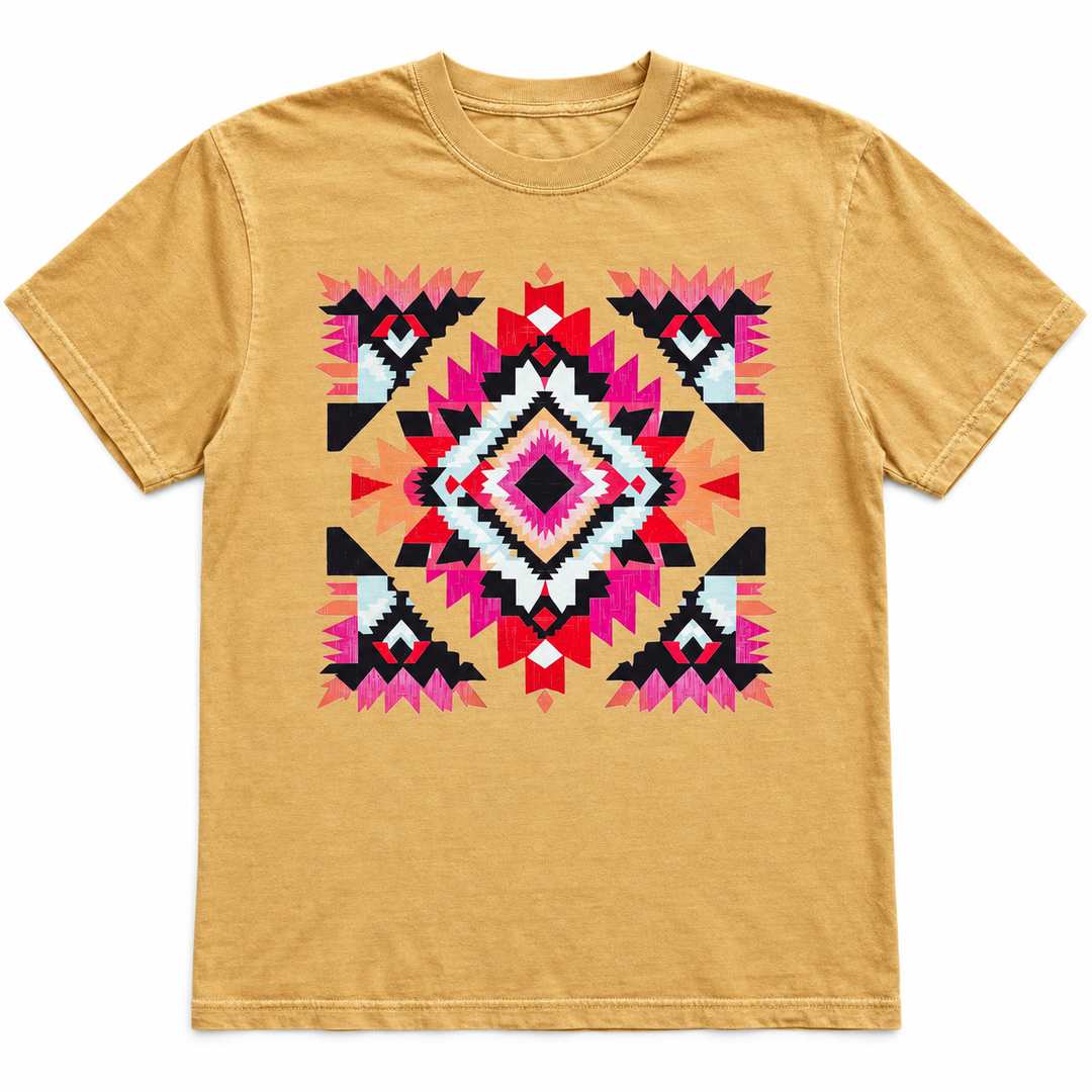 Desert Diamond Mustard Aztec Western Graphic Tee lay-flat on white background