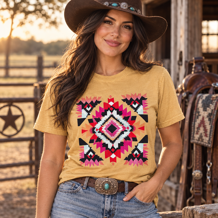 Woman wearing Desert Diamond Mustard Aztec Western Graphic Tee at a ranch