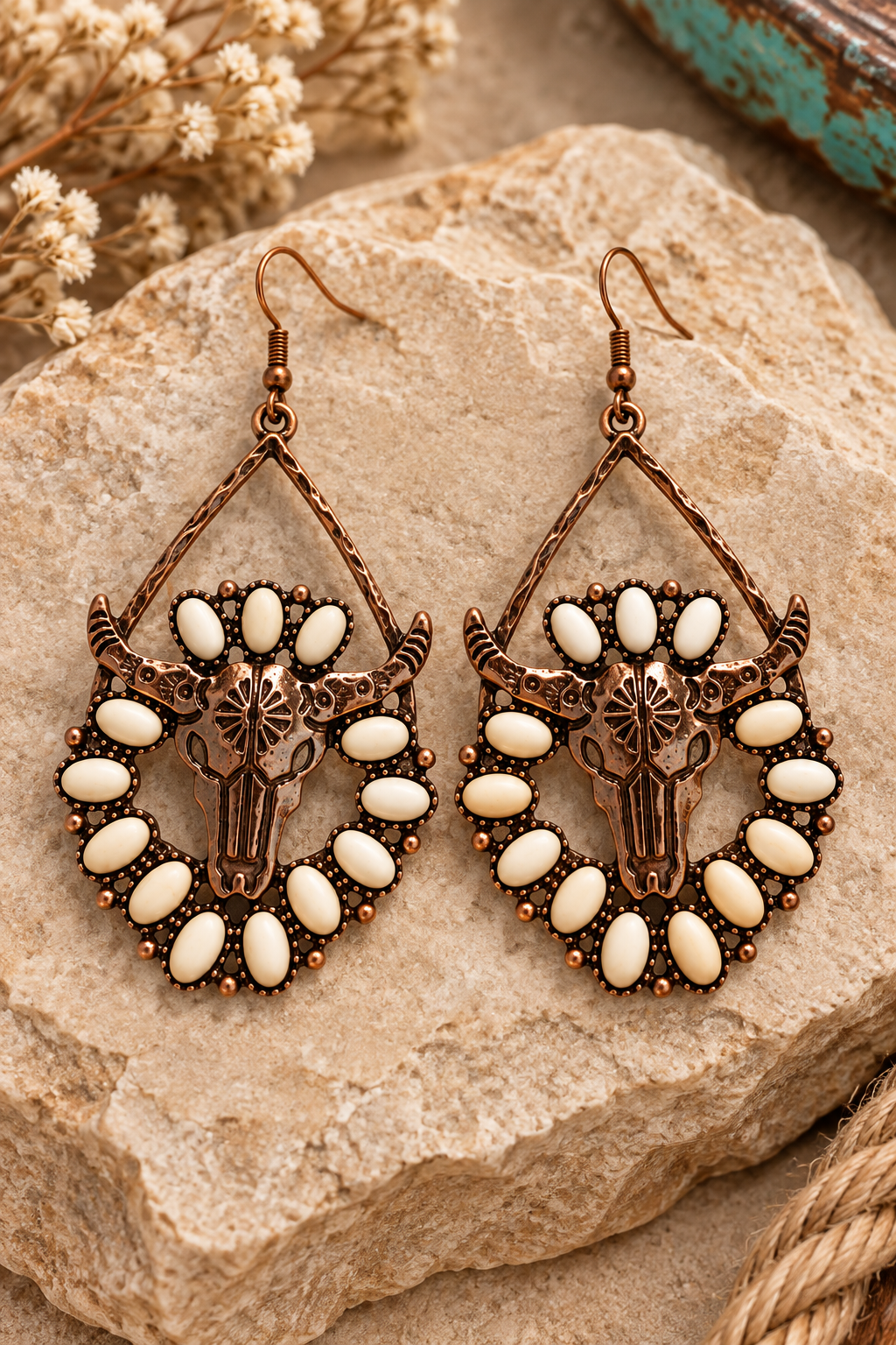 Close styled view of Desert Longhorn Earrings with bronze-tone skulls and ivory oval accents