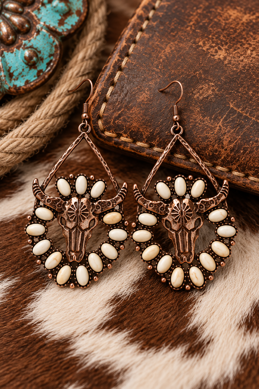 Desert Longhorn Earrings styled on cowhide beside weathered Western leather
