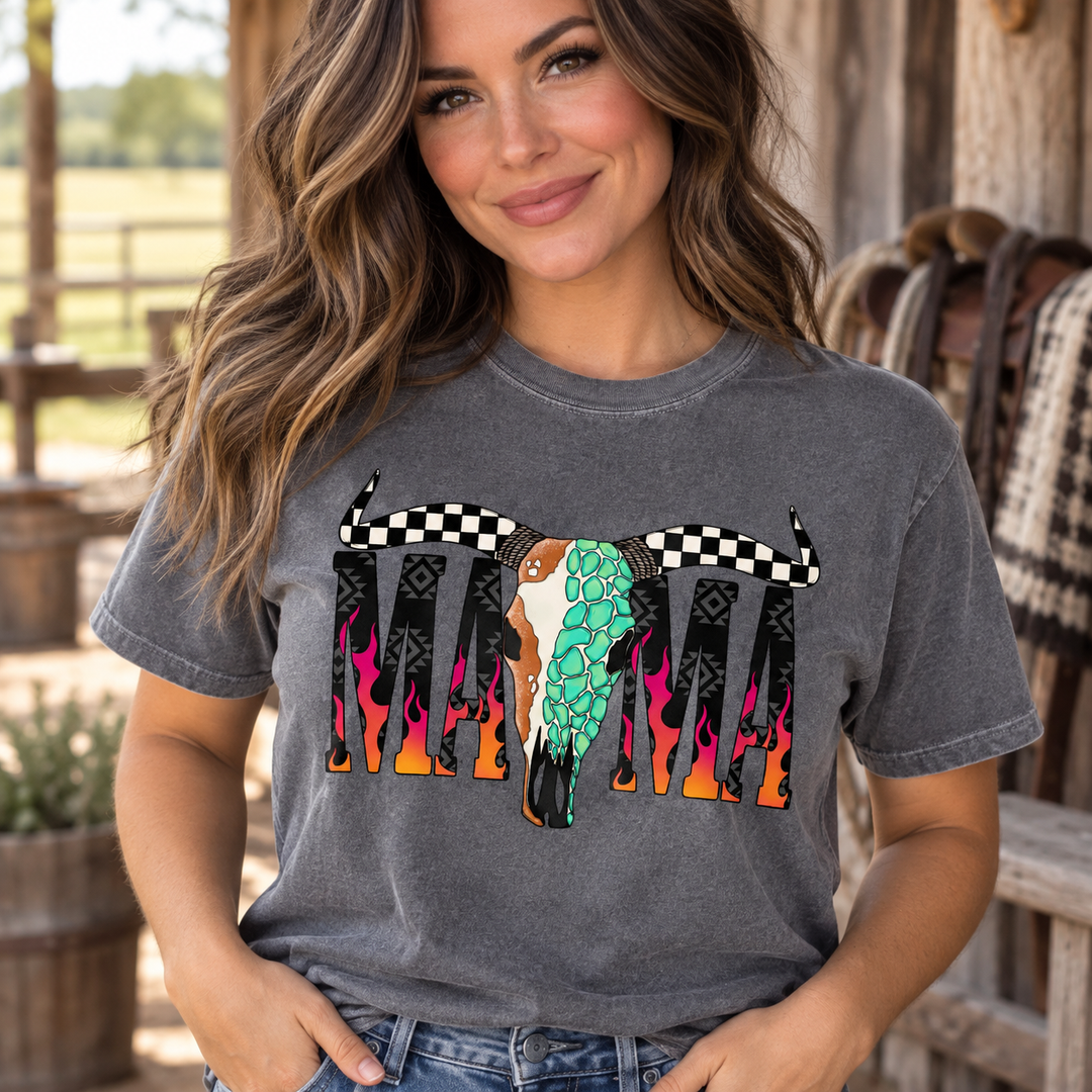 Desert Skull Flame Mama Pepper tee close-up model