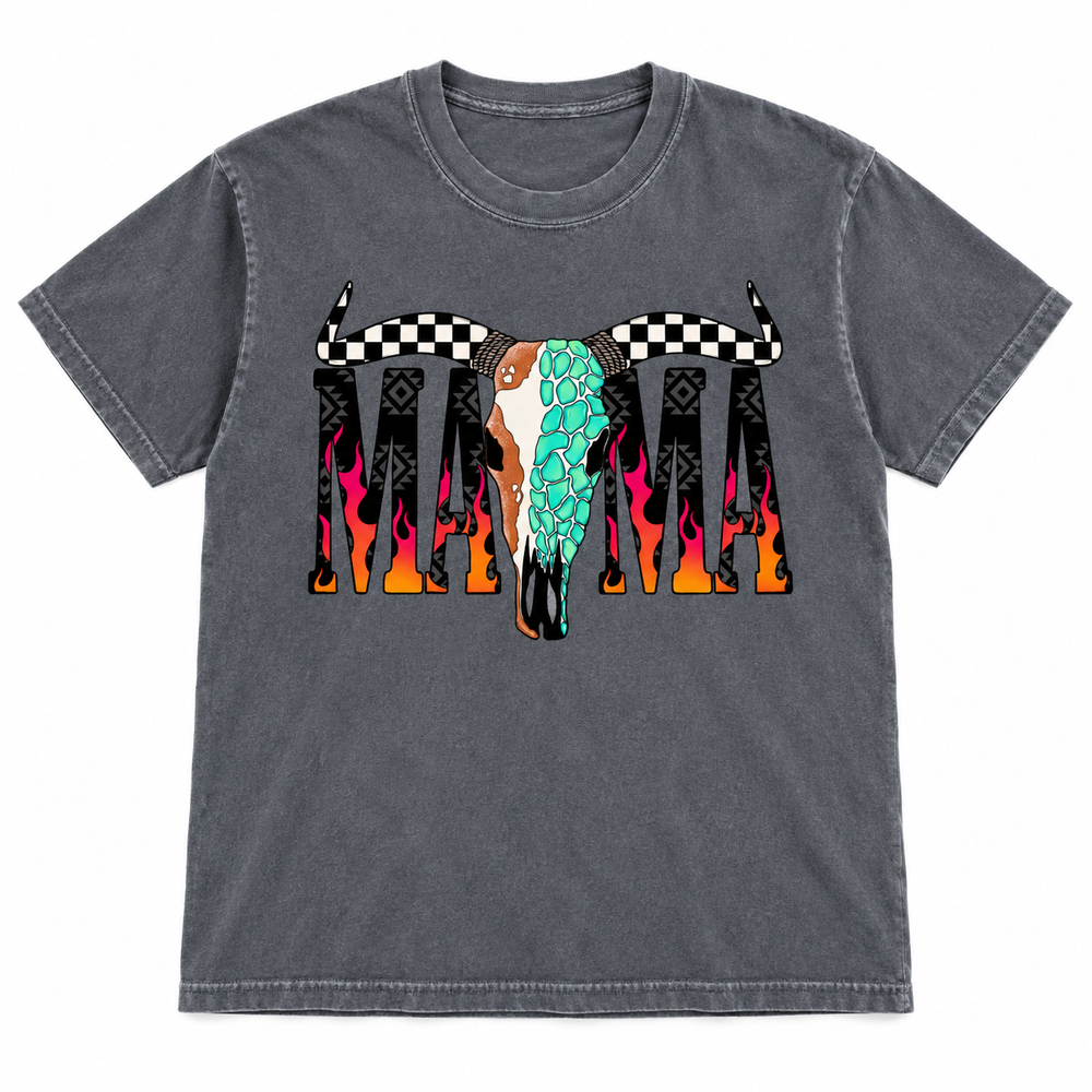 Desert Skull Flame Mama Pepper tee lay-flat on white