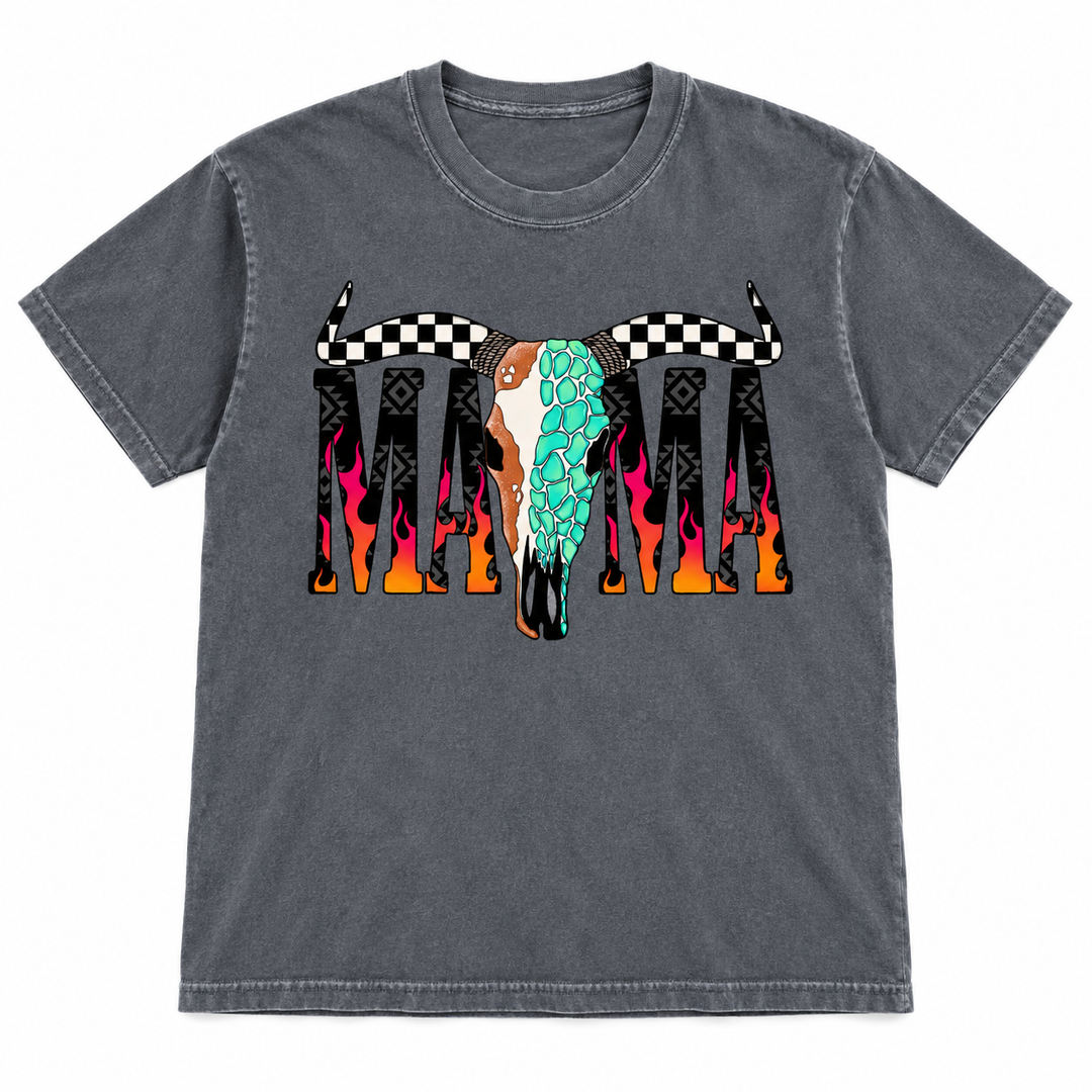 Desert Skull Flame Mama Pepper tee lay-flat on white