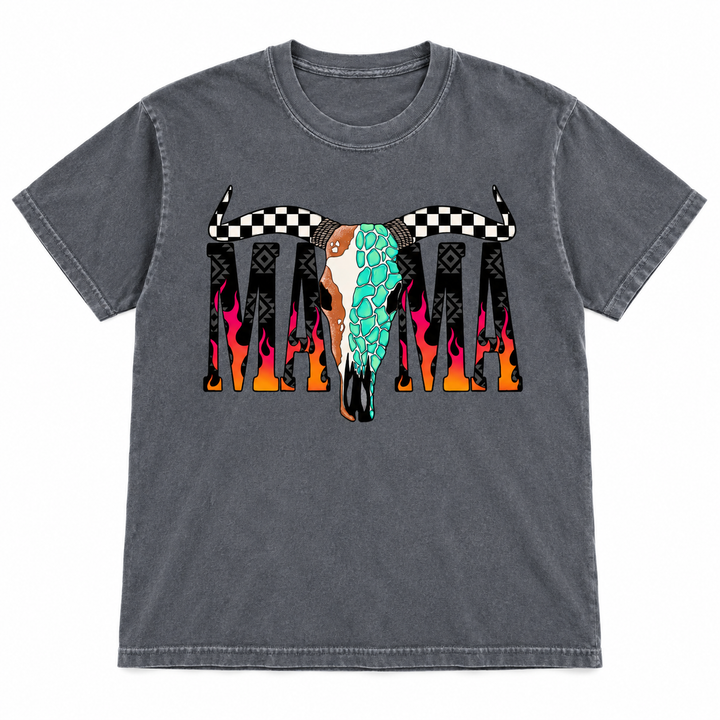Desert Skull Flame Mama Pepper tee lay-flat on white