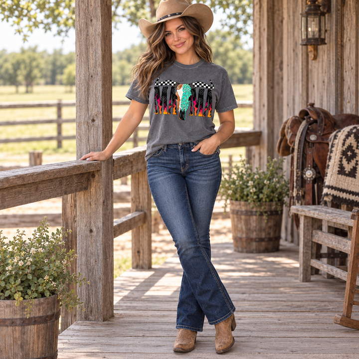 Desert Skull Flame Mama Pepper tee full-body lifestyle