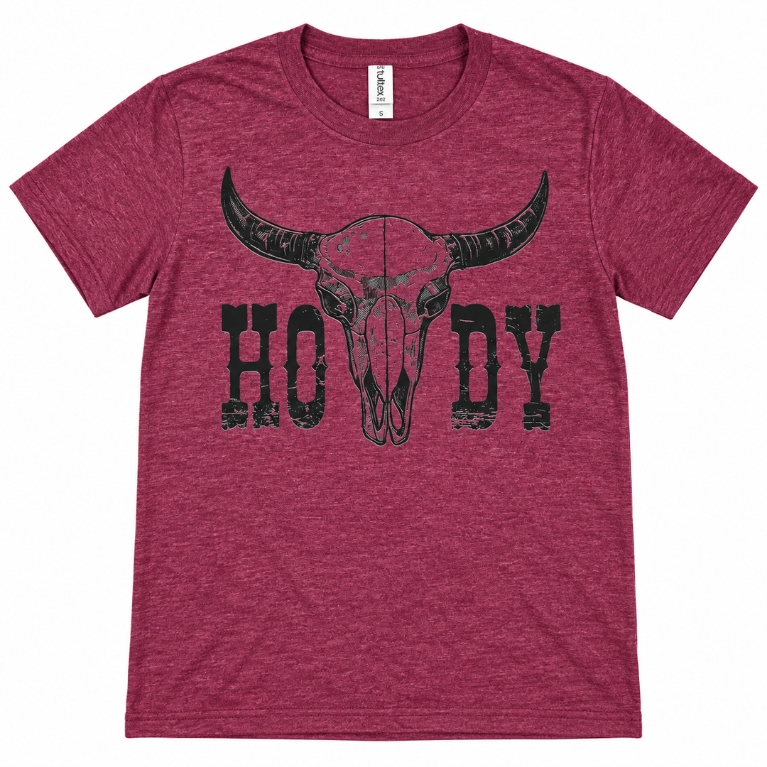 Desert Skull Howdy maroon Western tee lay-flat on white