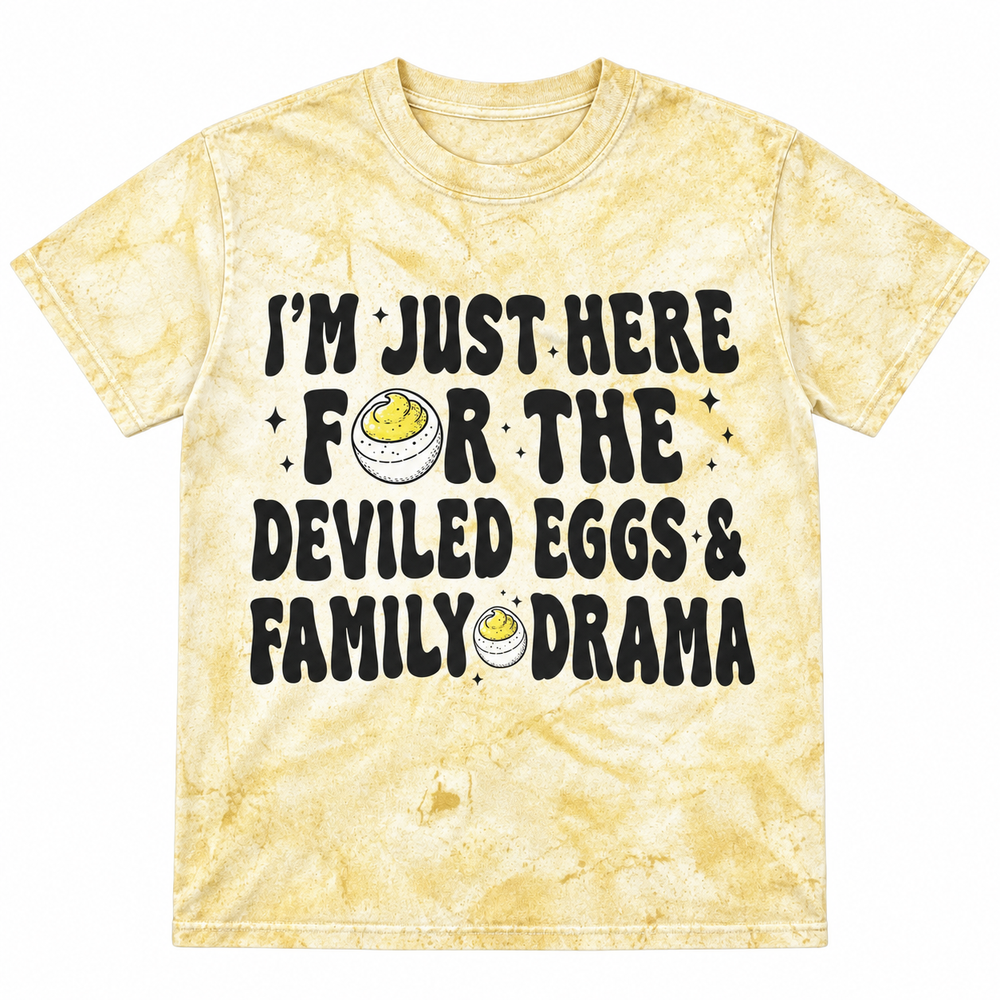 Deviled Eggs and Drama yellow Thanksgiving graphic tee flat lay on pure white