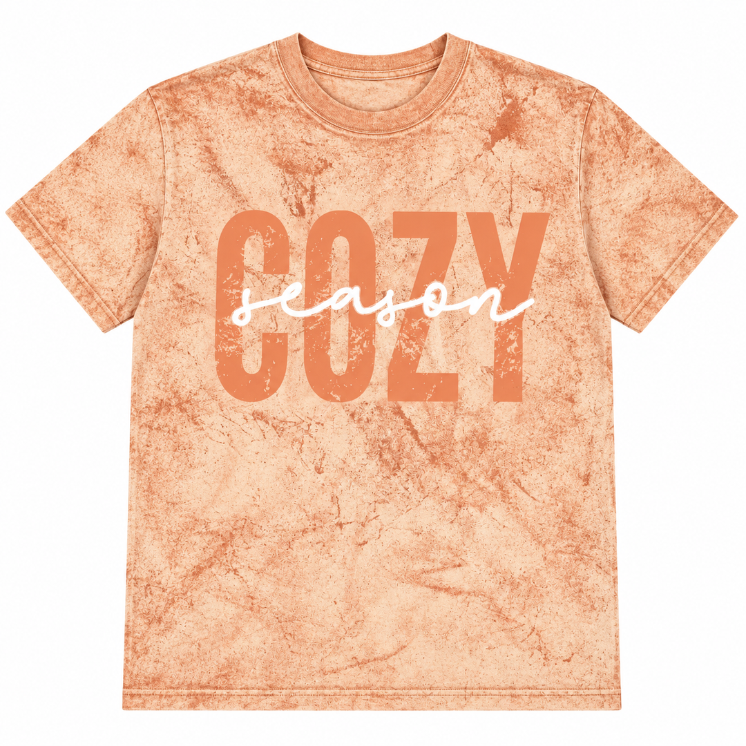 Distressed Cozy Season fall graphic tee single-garment lay-flat on pure white