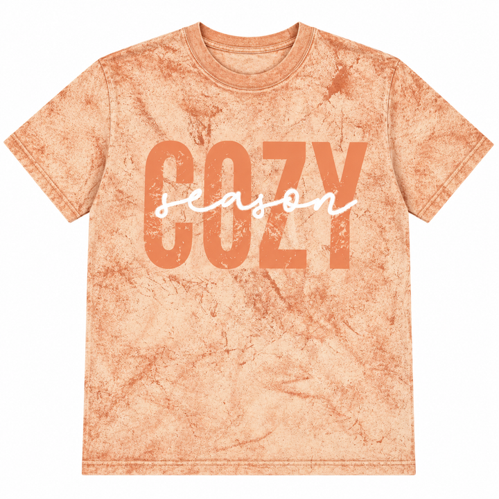 Distressed Cozy Season fall graphic tee single-garment lay-flat on pure white