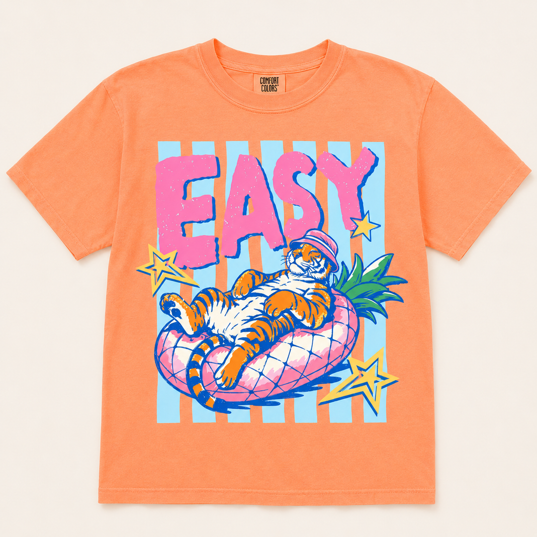 Easy Tiger neon cantaloupe graphic tee with lounging tiger pool-float design, front product view
