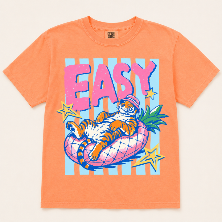 Easy Tiger neon cantaloupe graphic tee with lounging tiger pool-float design, front product view
