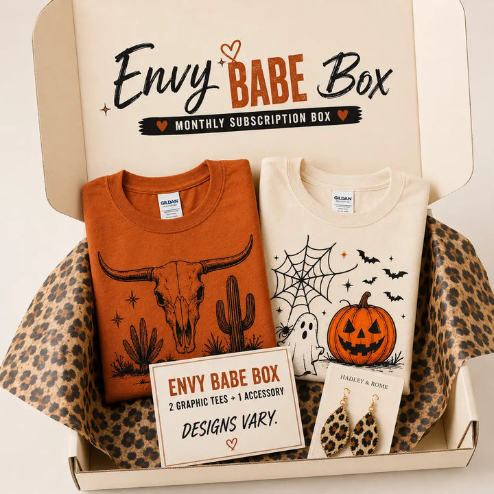 Envy Babe monthly subscription box with two representative graphic tees and one accessory; designs vary
